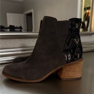 Toms Dark Brown Ankle Boots with Patterned Heel